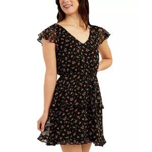 BCX Baby Doll Dress Womens XS Black Floral Short Layered New